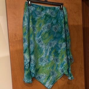 Asymmetrical Peacock Print Skirt in Green and Blue